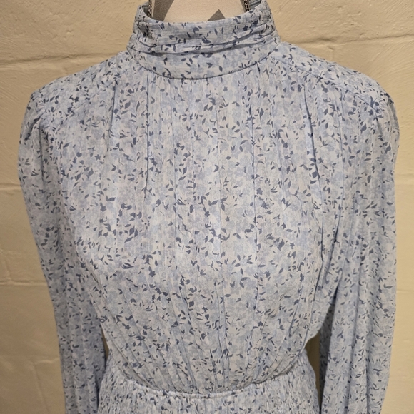 House of Harlow 1960 Shona Joy Mockneck Long Sleeve Smocked Mini Dress Blue L. - Picture 4 of 13